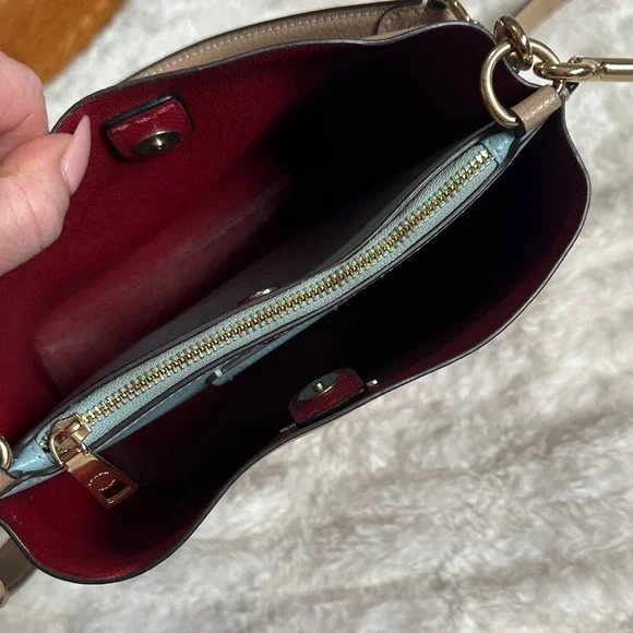 Coach Taupe Leather Crossbody Bucket Bag with Red Interior - Picture 8 of 15